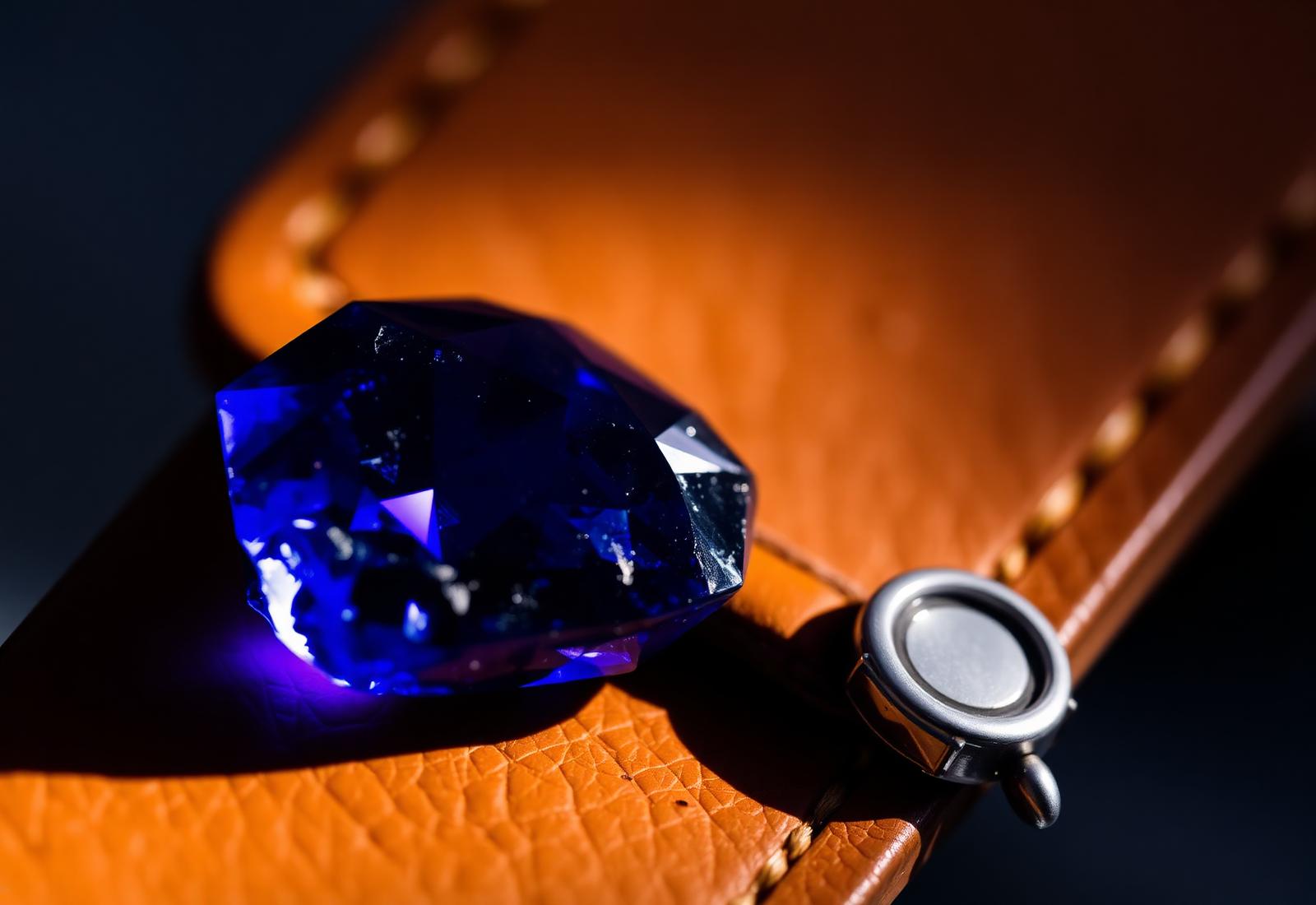 Blue Tanzanite gemstone on cognac leather with silver setting
